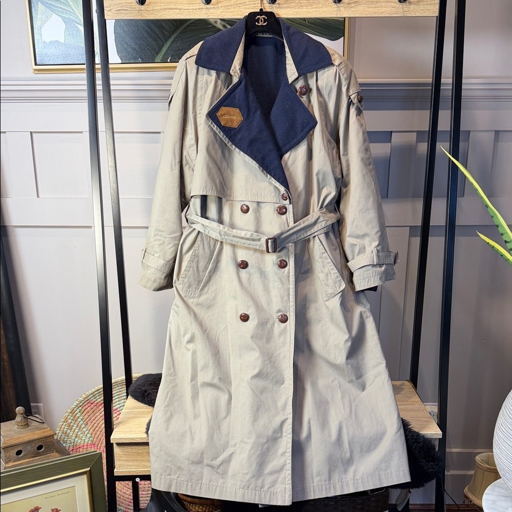 70s Vintage Norbert Nel Trench Coat Khaki Beige with Navy Size 10